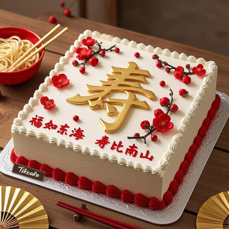 原创祝寿主题方形翻糖鲜奶蛋糕