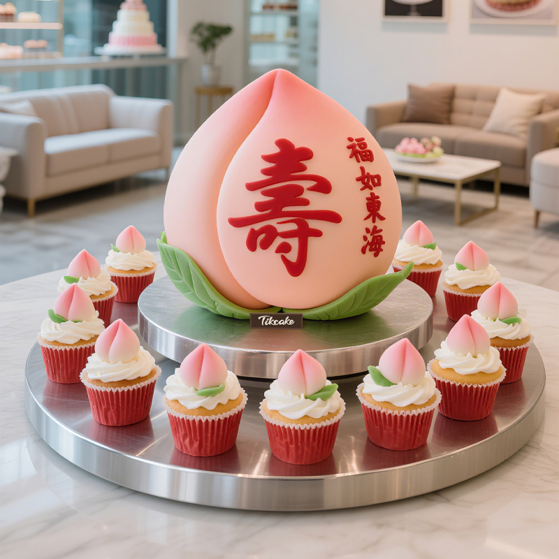 原创祝寿主题翻糖鲜奶蛋糕（含11个纸杯蛋糕）