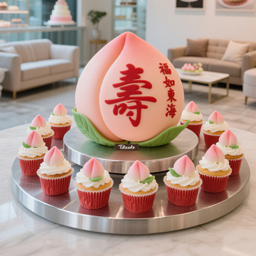 原创祝寿主题翻糖鲜奶蛋糕（含11个纸杯蛋糕）